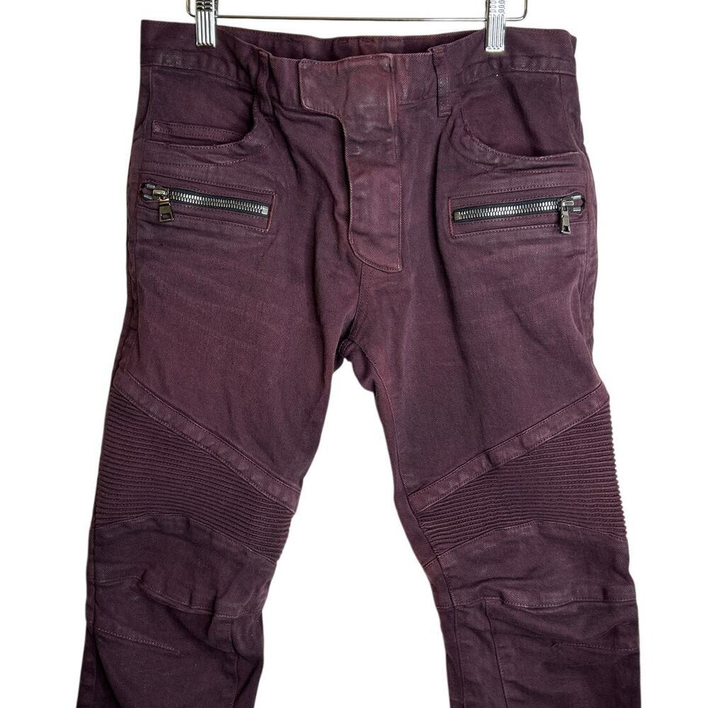 Balmain Paris Men's Denim Biker Moto Jeans‎ Burgundy Size 32x30 - Picture 4 of 14